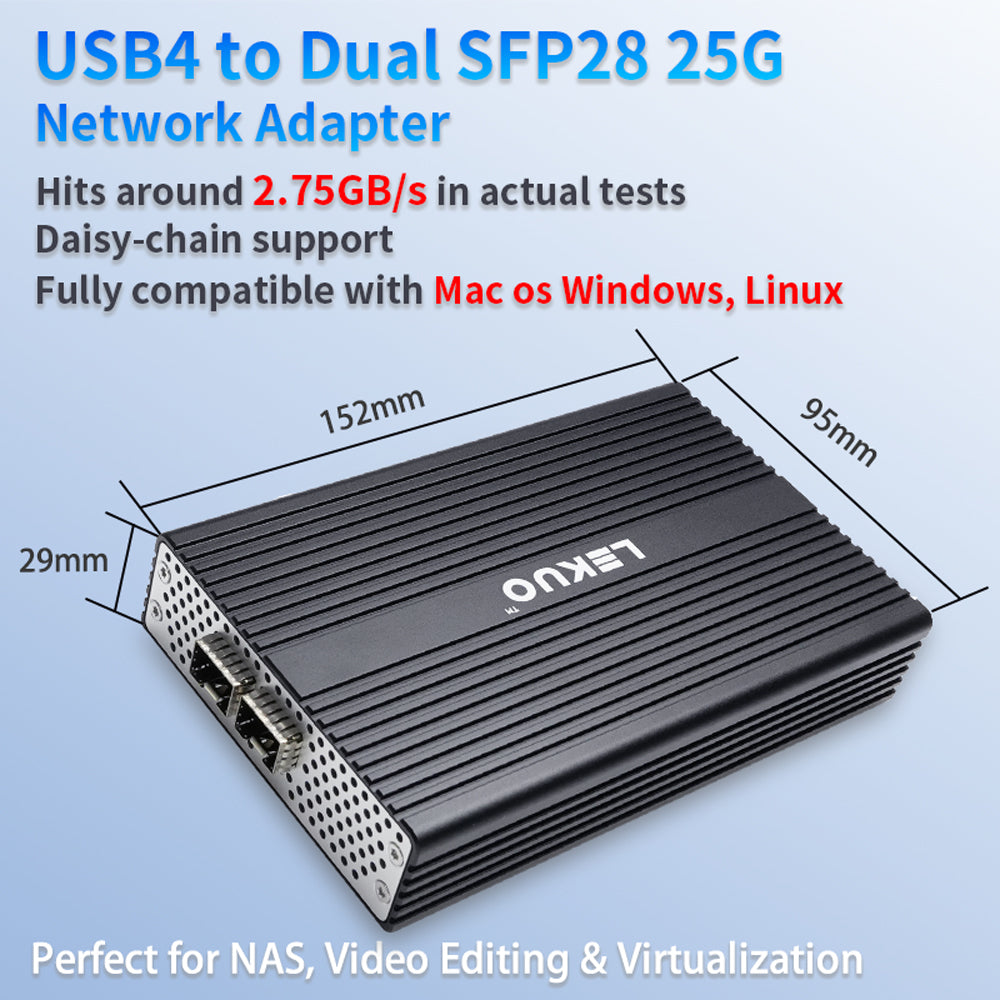 Lekuo USB4 to Dual 25G SFP28 Network Adapter, 40Gbps Thunderbolt 5/4/3 Compatible, 60W PD Charging, for Mac, Windows 11, Linux