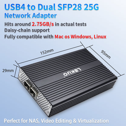 Lekuo USB4 to Dual 25G SFP28 Network Adapter, 40Gbps Thunderbolt 5/4/3 Compatible, 60W PD Charging, for Mac, Windows 11, Linux