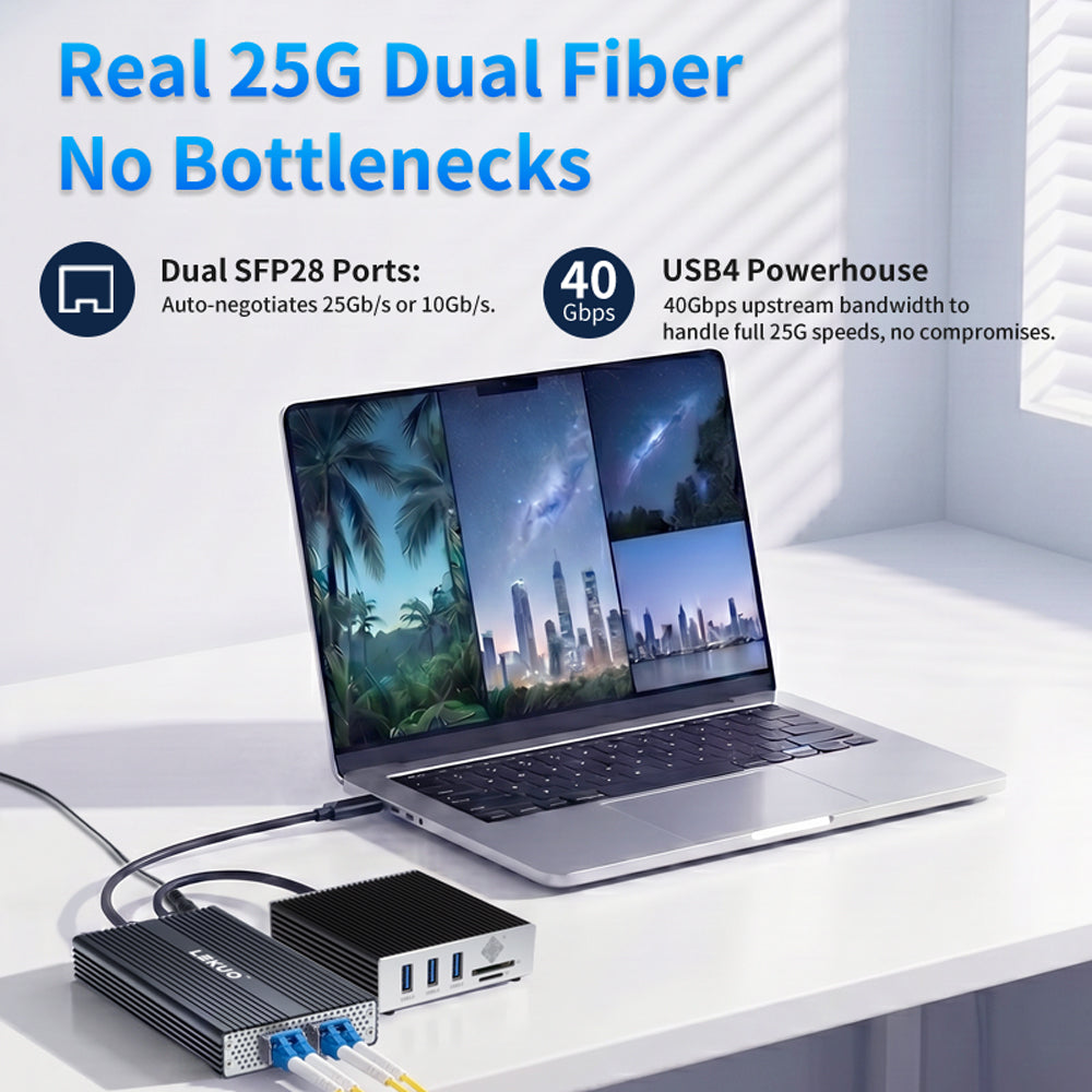 Lekuo USB4 to Dual 25G SFP28 Network Adapter, 40Gbps Thunderbolt 5/4/3 Compatible, 60W PD Charging, for Mac, Windows 11, Linux