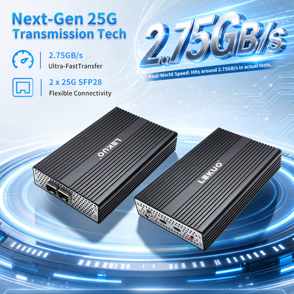 Lekuo USB4 to Dual 25G SFP28 Network Adapter, 40Gbps Thunderbolt 5/4/3 Compatible, 60W PD Charging, for Mac, Windows 11, Linux