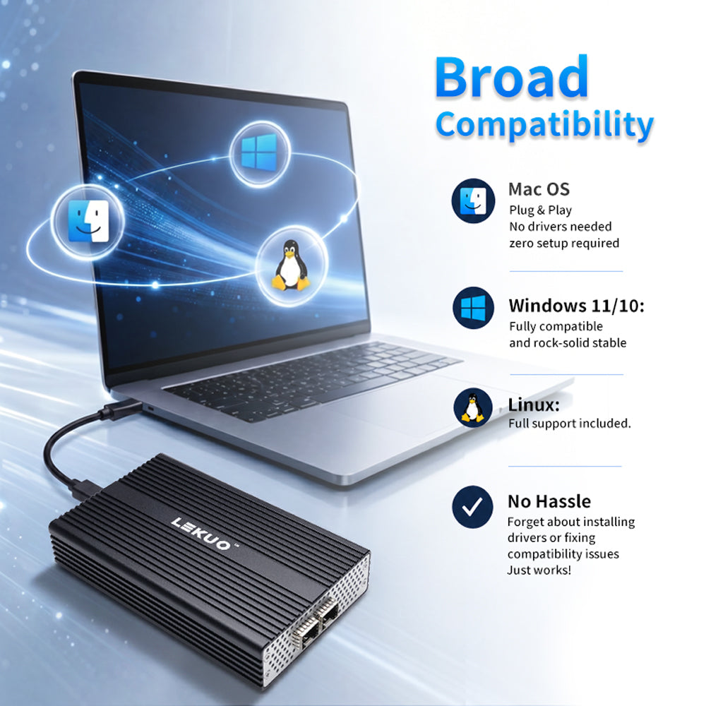 Lekuo USB4 to Dual 25G SFP28 Network Adapter, 40Gbps Thunderbolt 5/4/3 Compatible, 60W PD Charging, for Mac, Windows 11, Linux