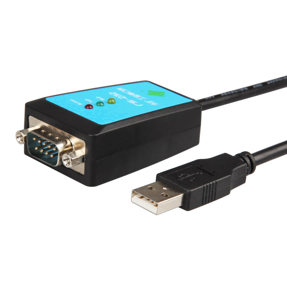 Close-up view of DB9 connector on USB to RS232 adapter cable