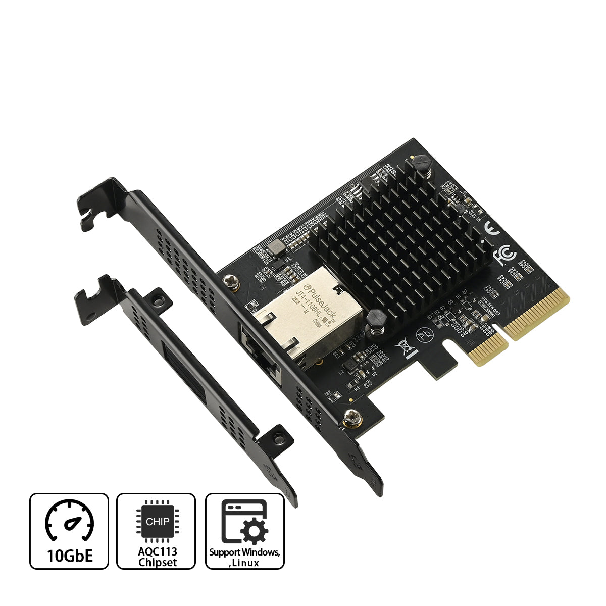 PCIe x4 to 10G Ethernet network card front view showing ports and connectors