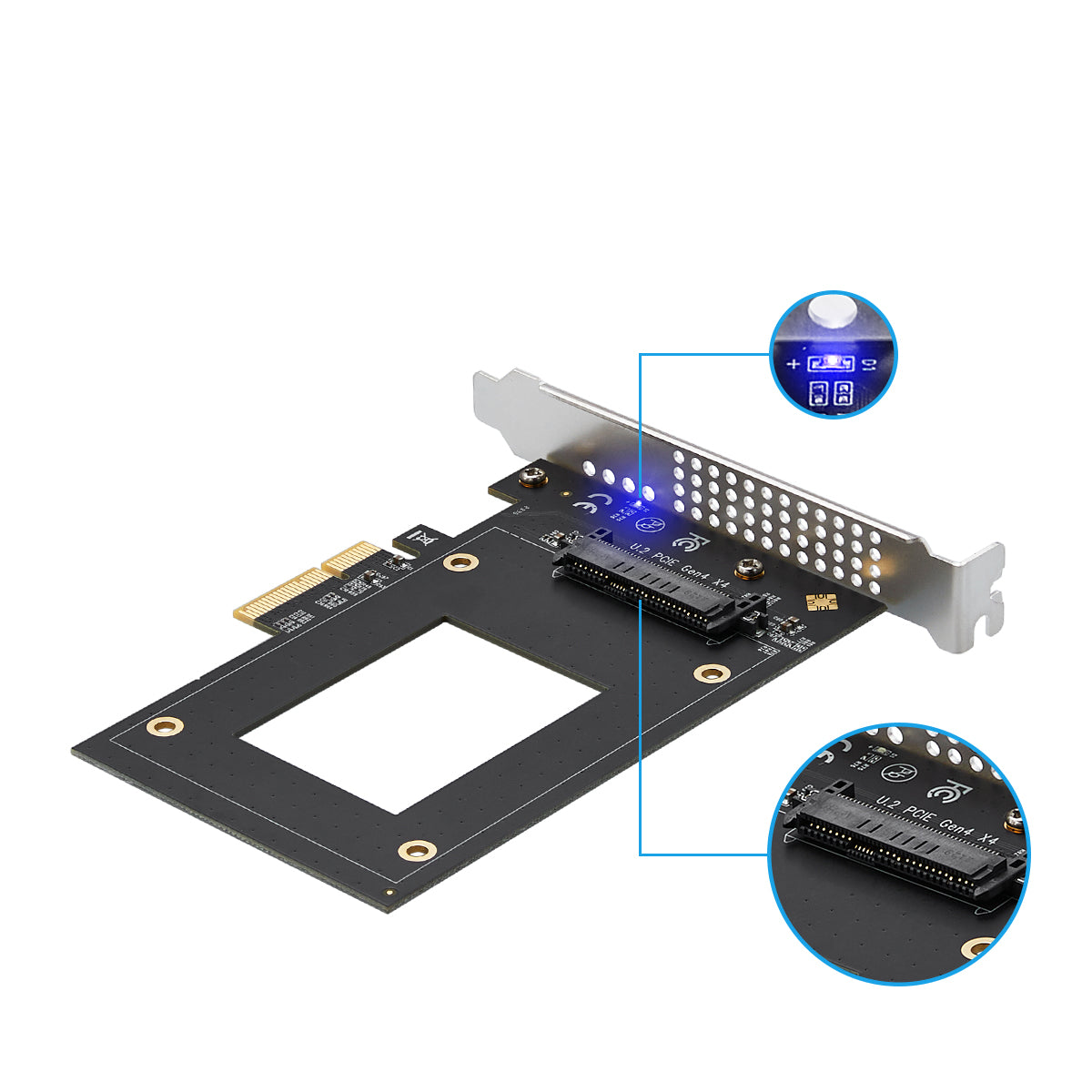 Close-up view of U.2 SFF8639 connector on PCIe adapter