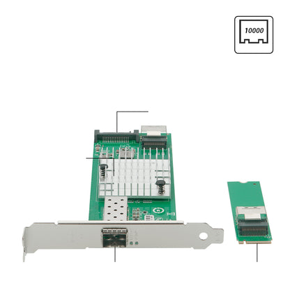 Close-up view of M.2 to SFP+ network card showing connector pins