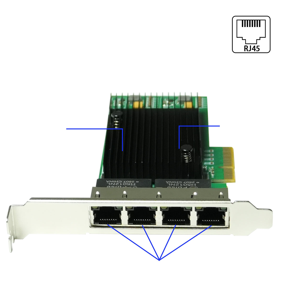 Close-up view of four RJ45 Gigabit Ethernet ports on Intel i210-T4 network adapter