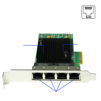Close-up view of four RJ45 Gigabit Ethernet ports on Intel i210-T4 network adapter