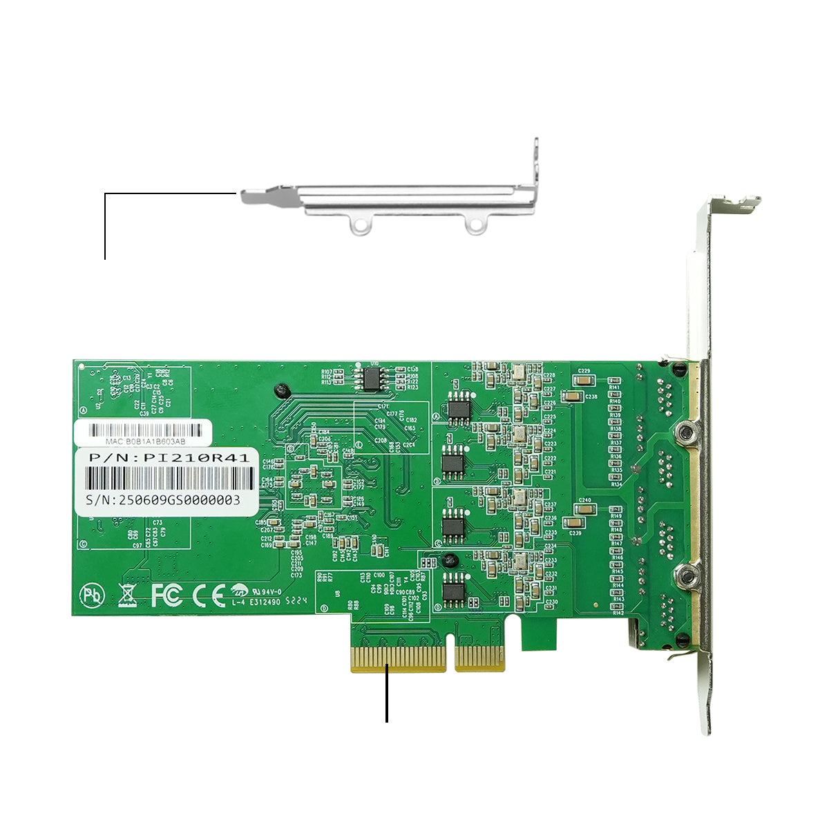 Low profile bracket and installation accessories included with PCIe network card
