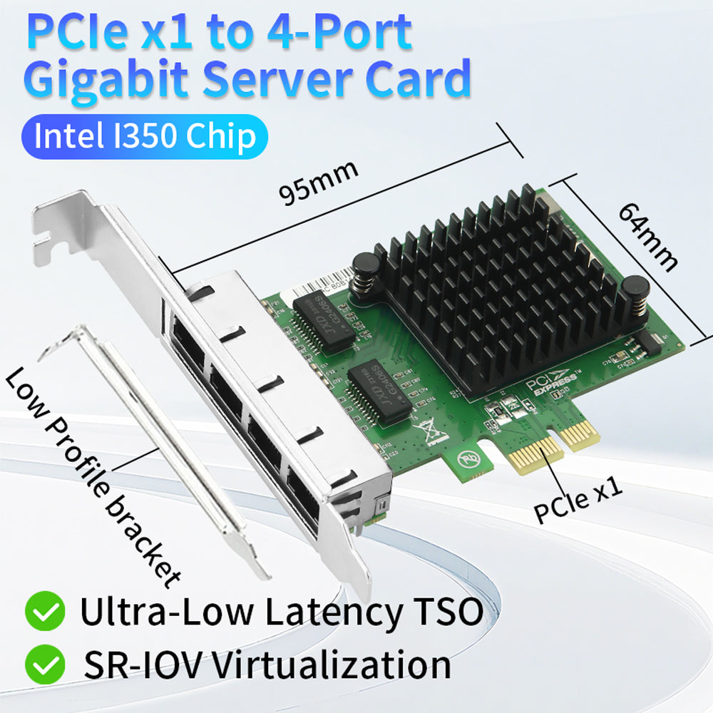 Intel I350-T4 network adapter - top view showing 4 independent RJ45 Gigabit Ethernet ports