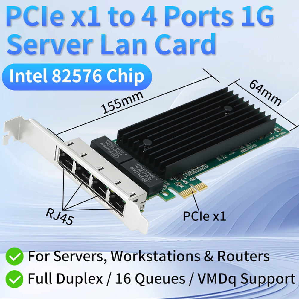 Lekuo Intel 82576 network card detailed front view showing 4 RJ-45 Gigabit ports