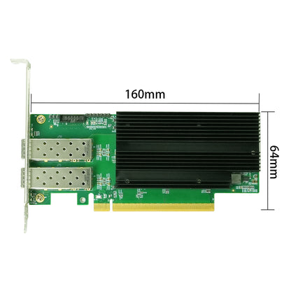 PCIe x16 network adapter side profile showing dual SFP28 ports