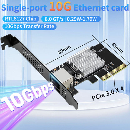 Lekuo RTL8127 10GbE PCIe x4 Network Card front view - single port RJ45 NIC for workstation