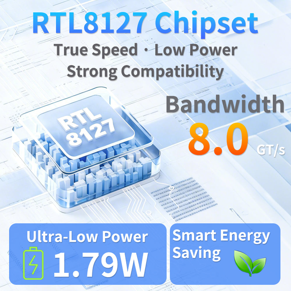 RTL8127 chip close-up on 10 Gigabit Ethernet adapter with RJ45 port detail