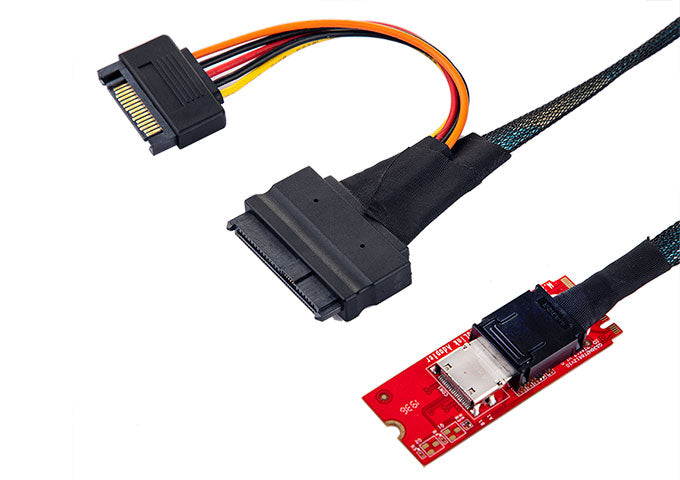 Close-up view of M.2 M-key connector and Oculink SFF-8612 port on adapter card